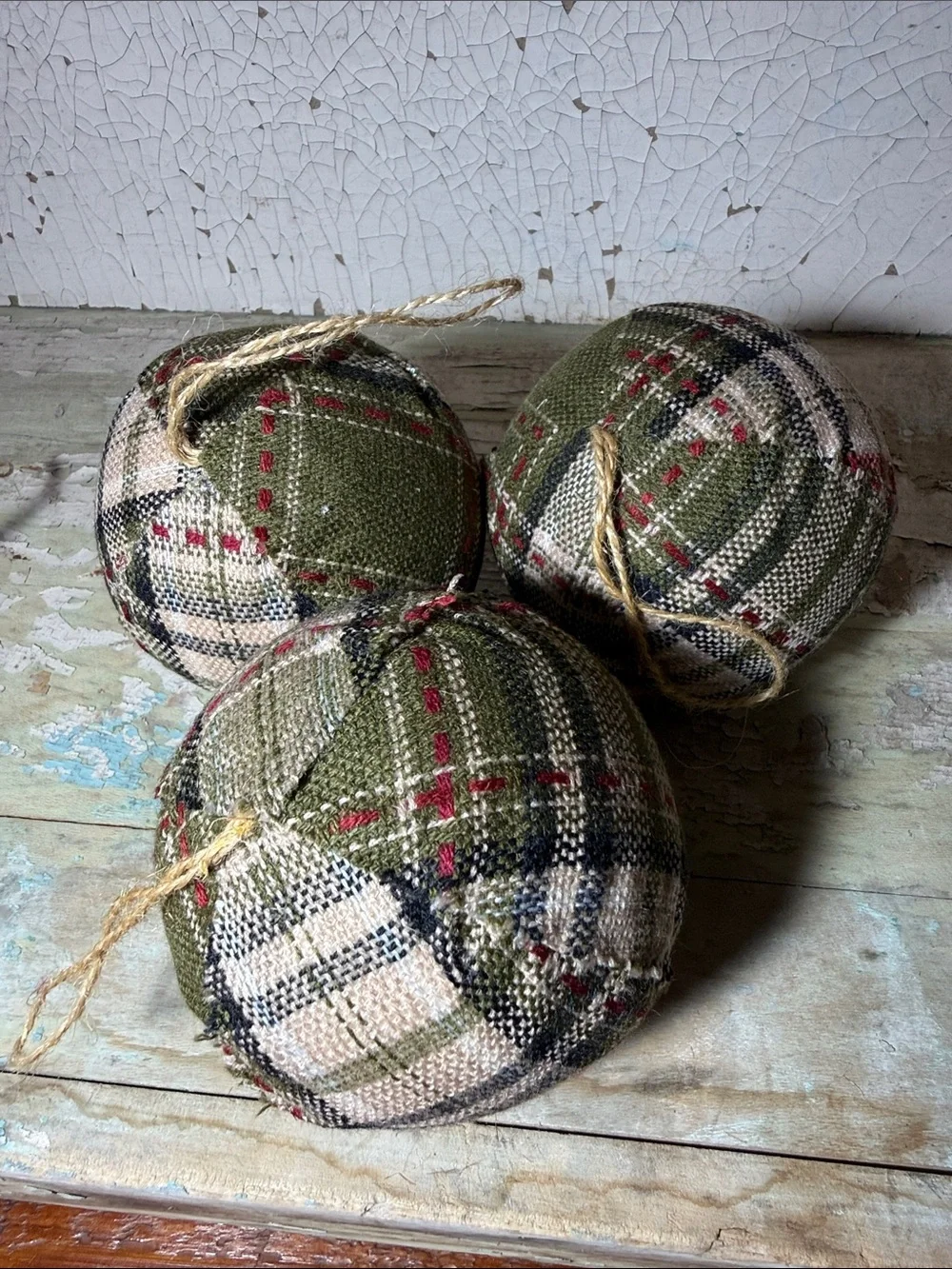 🎄 3 - 4” Rustic Green Plaid Holiday Fabric Ornaments
